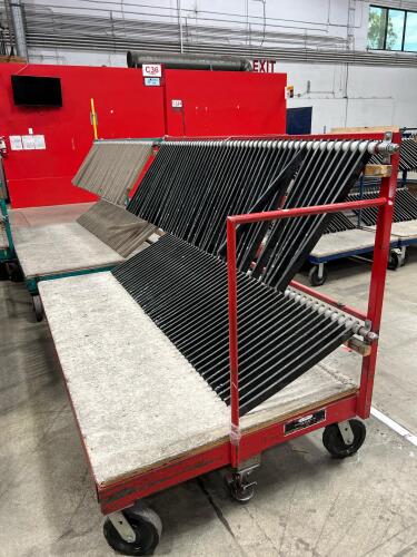 Lot of (2) Metal rolling carts used for Glass Transport with Angled Rod Holders and Platform Base