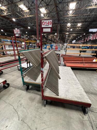 Lot of (2) Metal rolling carts used for Glass Transport with Angled Rod Holders and Platform Base
