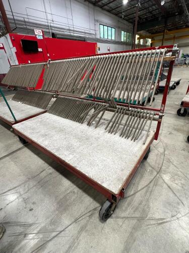 Lot of (2) Metal rolling carts used for Glass Transport with Angled Rod Holders and Platform Base