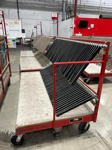 Lot of (3) Metal rolling carts used for Glass Transport with Angled Rod Holders and Platform Base