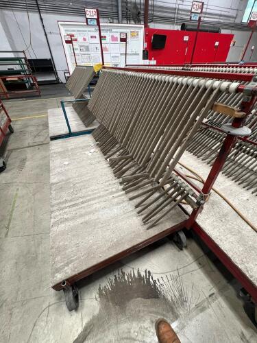 Lot of (2) Metal rolling carts used for Glass Transport with Angled Rod Holders and Platform Base
