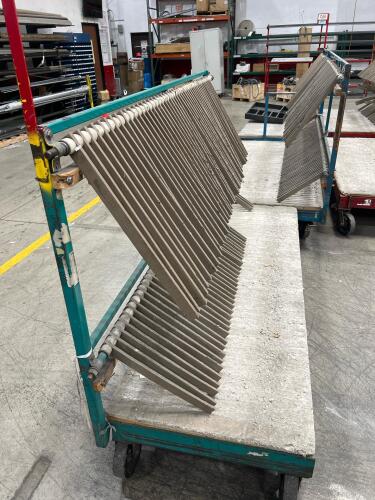 Lot of (3) Metal rolling carts used for Glass Transport with Angled Rod Holders and Platform Base