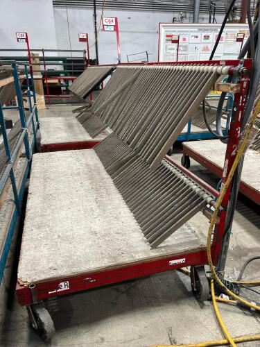 Lot of (2) Metal rolling carts used for Glass Transport with Angled Rod Holders and Platform Base