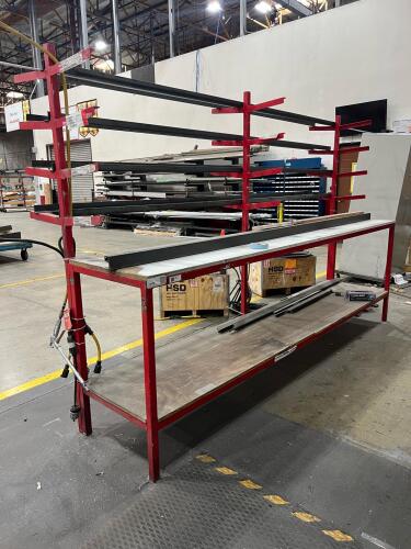 Red Metal Rack Table with Multi-Tier Arms and Storage Shelf