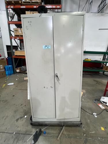 Metal Storage Cabinet with Shelves and Locking Doors with contents