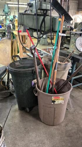 Lot of Cleaning Utensils and Trash Bins with Floor Scrubber