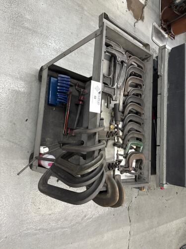 Lot of Assorted C-clamps and Cart