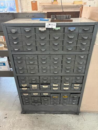 Lot of Assorted Collets, Bushing Holders and Gage Wire with Multi-Drawer Steel Cabinet