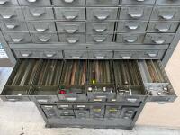 Lot of Assorted Collets, Bushing Holders and Gage Wire with Multi-Drawer Steel Cabinet - 9