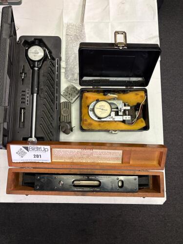 Dial Bore Gage Set, Indicator Fixture With Dial Indicator, And L.S. Starrett Co. 199 Master Precision Level