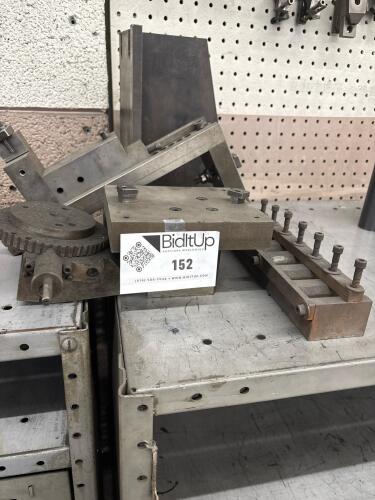 Precision Fixturing Lot With Angle Plates, Tilting Fixture/Sine Plate, Gear-Driven Indexing Bracket, And Step Clamp Bar With Studs