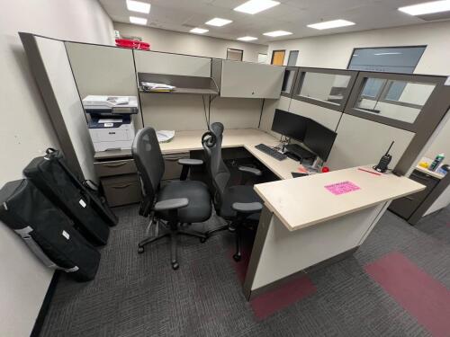 Office Cubicle Workstation with Contents &ndash; Desk, Dual Monitors, (3) Filing cabinets, (2) Ergonomic Chairs