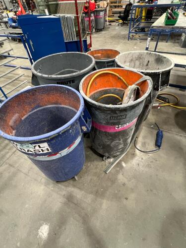 5 assorted industrial trash cans