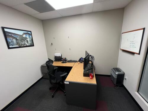 Office with Contents &ndash; (1) Chair, (2) Monitors, (2) Desks, Filing Cabinet, Paper Shredder, Whiteboard