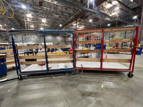 Lot of (2) Heavy Duty Industrial Glass Transport Carts on Casters &ndash; Blue and Red Frames