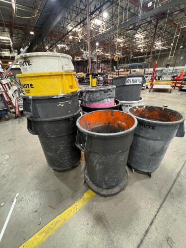 Lot of (11) Heavy-Duty Trash Cans with (5) sets of Dolly Wheels