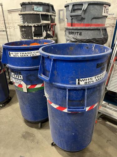 Lot of (13) Heavy-Duty Trash Cans with (4) sets of Dolly Wheels