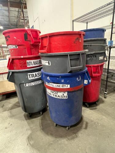 Lot of (10) Heavy-Duty Trash Cans with (3) sets of Dolly Wheels