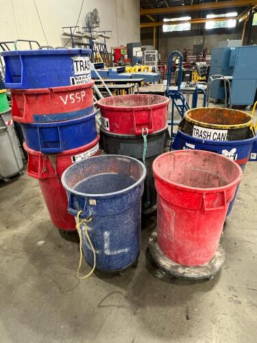 Lot of (10) Heavy-Duty Trash Cans with (5) sets of Dolly Wheels