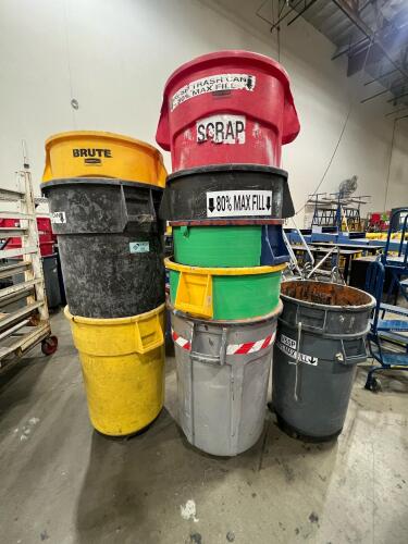 Lot of (10) Heavy-Duty Trash Cans with (3) sets of Dolly Wheels
