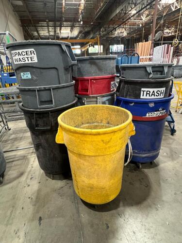 Lot of (10) Heavy-Duty Trash Cans with (4) sets of Dolly Wheels