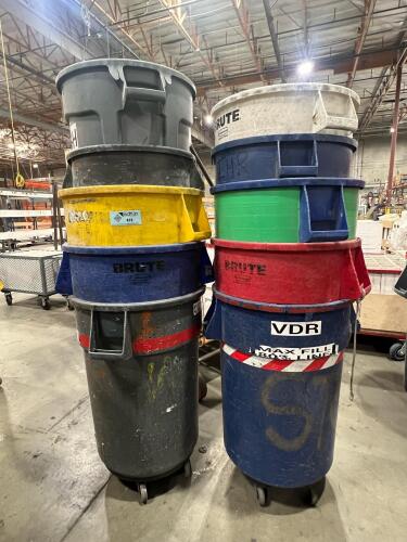 Lot of (10) Heavy-Duty Trash Cans with (2) sets of Dolly Wheels