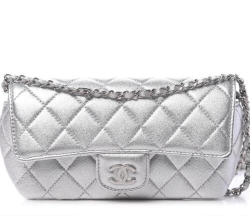 CHANEL Metallic Lambskin Quilted Glasses Case With Chain Silver