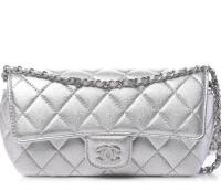 CHANEL Metallic Lambskin Quilted Glasses Case With Chain Silver
