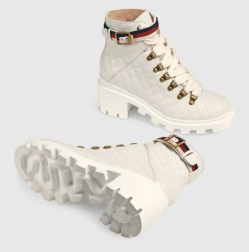GUCCI Calfskin Quilted Sylvie Web Lace Up Combat Ankle Boots