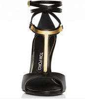 Tom Ford Black Leather Gold T-bar Ankle Wrap Sandals Heels