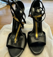 Tom Ford Black Leather Gold T-bar Ankle Wrap Sandals Heels - 2