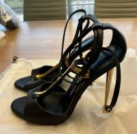 Tom Ford Black Leather Gold T-bar Ankle Wrap Sandals Heels - 3