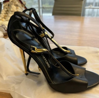 Tom Ford Black Leather Gold T-bar Ankle Wrap Sandals Heels - 5