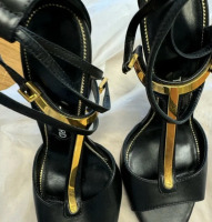 Tom Ford Black Leather Gold T-bar Ankle Wrap Sandals Heels - 6