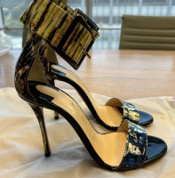 CHRISTIAN LOUBOUTIN Patent Bazin Blade Runana 100 Sandals - 6