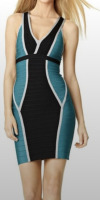 Herve Leger Eyvette Teal and Black Dress with White Trim