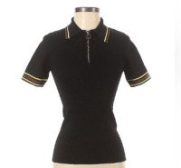 Sandro black short sleeved knitted polo shirt with a zip collar and striped trim
