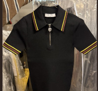 Sandro black short sleeved knitted polo shirt with a zip collar and striped trim - 2