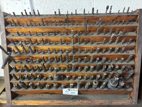 Large Assortment of Mills, Drills, Reamers, and Taps With Wooden Stand