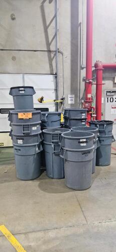 Lot of (32) Assorted Uline Brute Rubbermaid Trash Bins