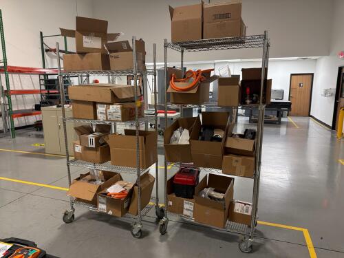 (2) wire racks with boxes of contents