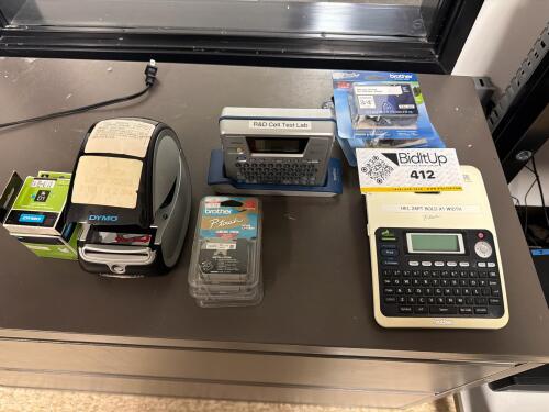 Brother P-touch PT-2030 label maker, Brother P-touch PT-18R rechargeable electronic label maker, DYMO LabelWriter 450 thermal label printer, and white label tape