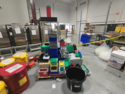 Misc. Lot of Plastic Containers, Sheets, Rack