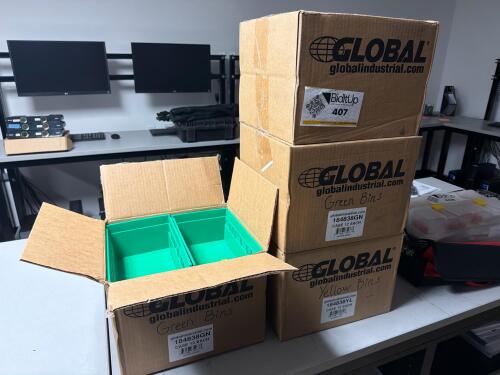 (4) boxes of 12 Storage bins GLOBAL Industrial (green & yellow)